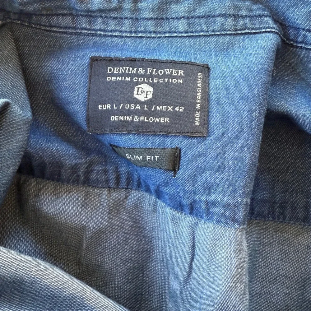 Denim & Flower Mens Blue Denim Collection Slim‎ Fit Button Down Shirt Large L